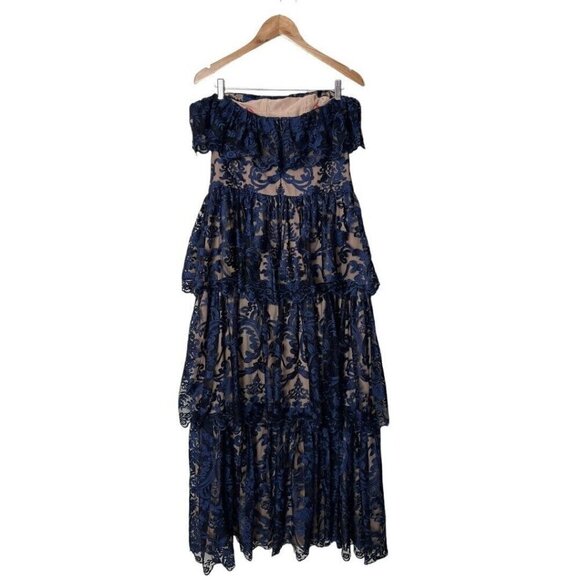 ML Monique Lhuillier Midnight Lace Strapless Tiered Evening Gown Formal Dress 14 - Picture 5 of 8